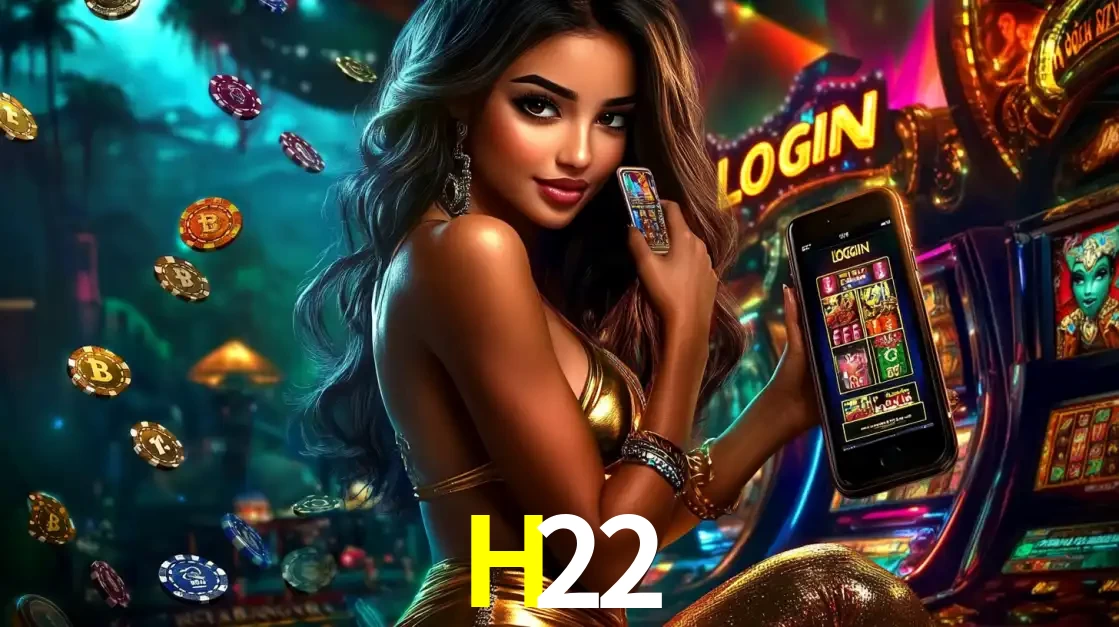 Mulher em um cenário de cassino temático de aventura, mostrando o app de caça-níqueis da H22 no celular. Fichas de apostas flutuam ao redor.