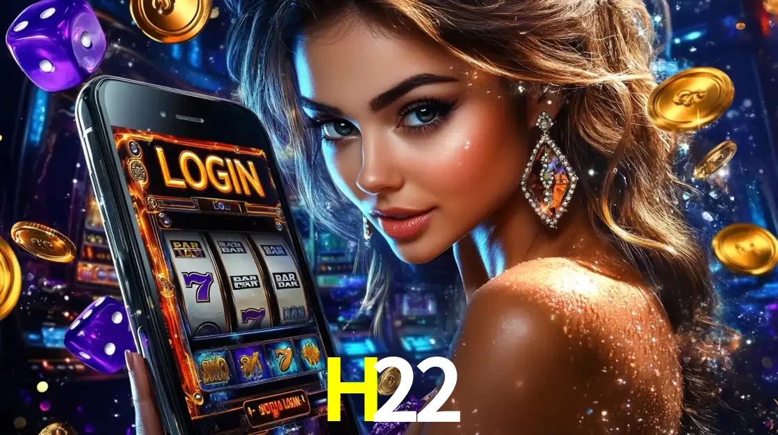 Mulher glamorosa segurando um smartphone com a tela de login para os jogos de caça-níqueis do cassino online H22, com moedas de ouro e dados ao redor.