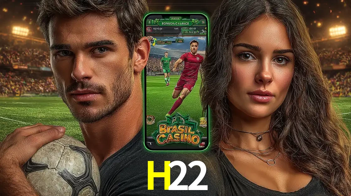 Homem segurando uma bola de futebol e uma mulher ao lado de um smartphone exibindo o jogo de apostas esportivas da H22. Faça seu palpite no cassino online.